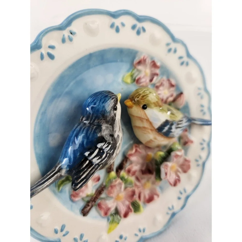 Ganz Porcelain 3D Birds Plate Pink Flowers Scallop Wall Hanging Bluebirds Floral
